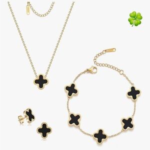 18K Gold Clover Jewelry Set Necklace Bracelet Earrings Black Four Leaf Charm